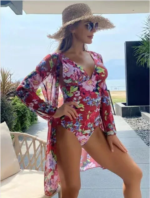 Women's floral tight bikini three-piece swimsuit set with matching cover-up in various colours
