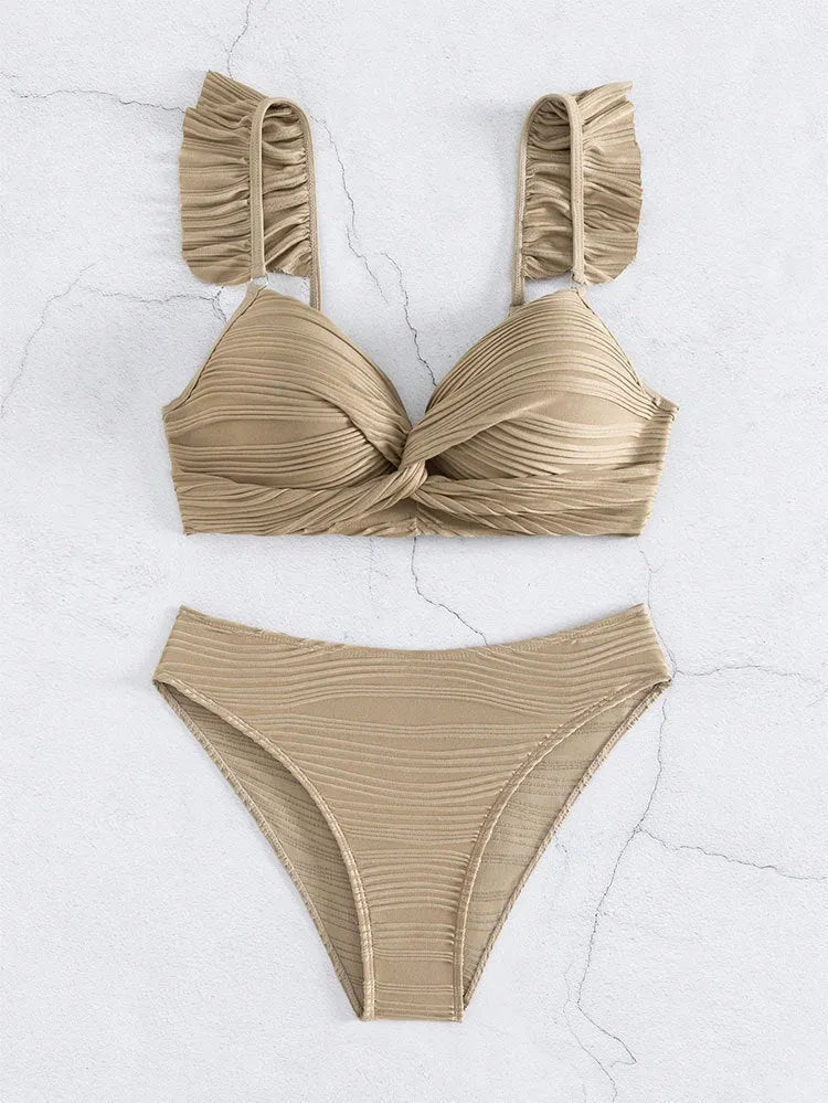 Women's solid colour bikini swimsuit set shown in black and khaki options.