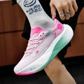 Low-top racing sneakers with carbon plate technology showing front lace-up closure and natural rubber sole