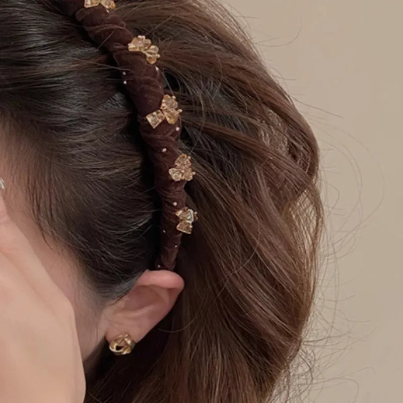 French velvet crystal wave hair pressing headband in wine red colour with hand-beaded detailing