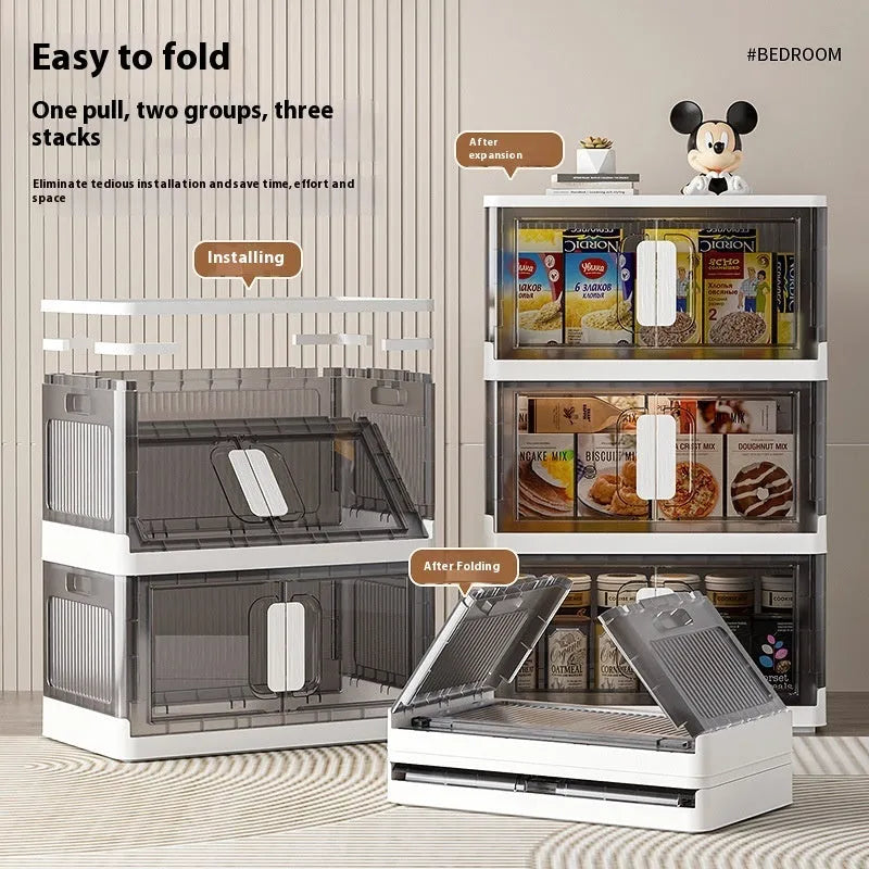 Foldable household storage locker with wheels in white colour with multiple storage layers