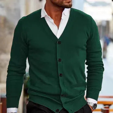 Men's slim fit acrylic cardigan in wine red colour, shown as an autumn sweater coat.