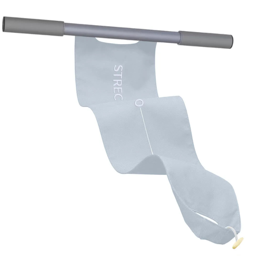 Grey and pink yoga multi-function stretching tool for shoulder back and hip flexibility.