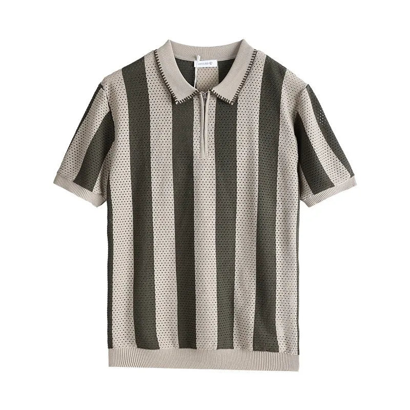 Men's short sleeve striped summer sweater in ice silk viscose fabric with zipper decoration