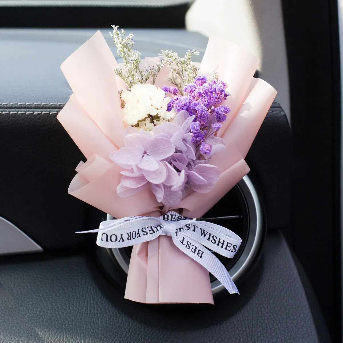 Handmade dried flower car vent ornament with interchangeable scented discs in multiple colour options