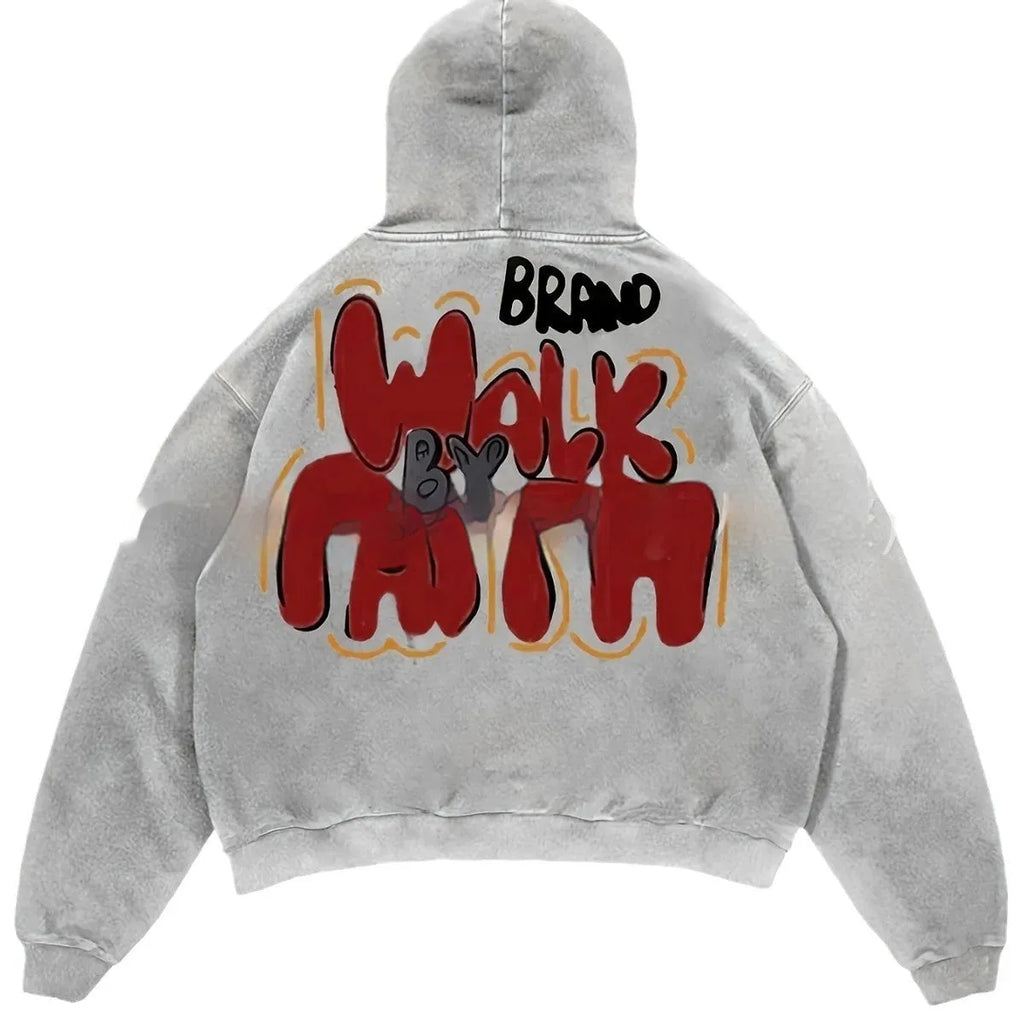 Women's Granny Grey hoodie with vintage Harajuku style letter print and a front pocket.