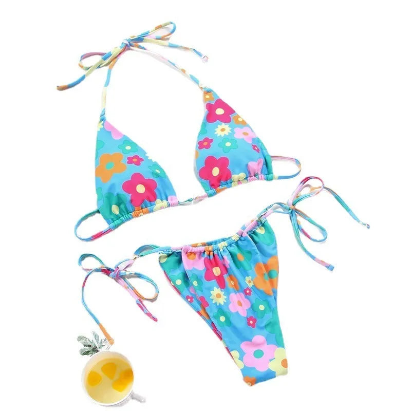 Women's polka dot print split swimsuit bikini in brown dot pattern with matching bra and panties