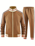 Men's khaki street style turtleneck zipper cardigan and trousers suit for casual wear