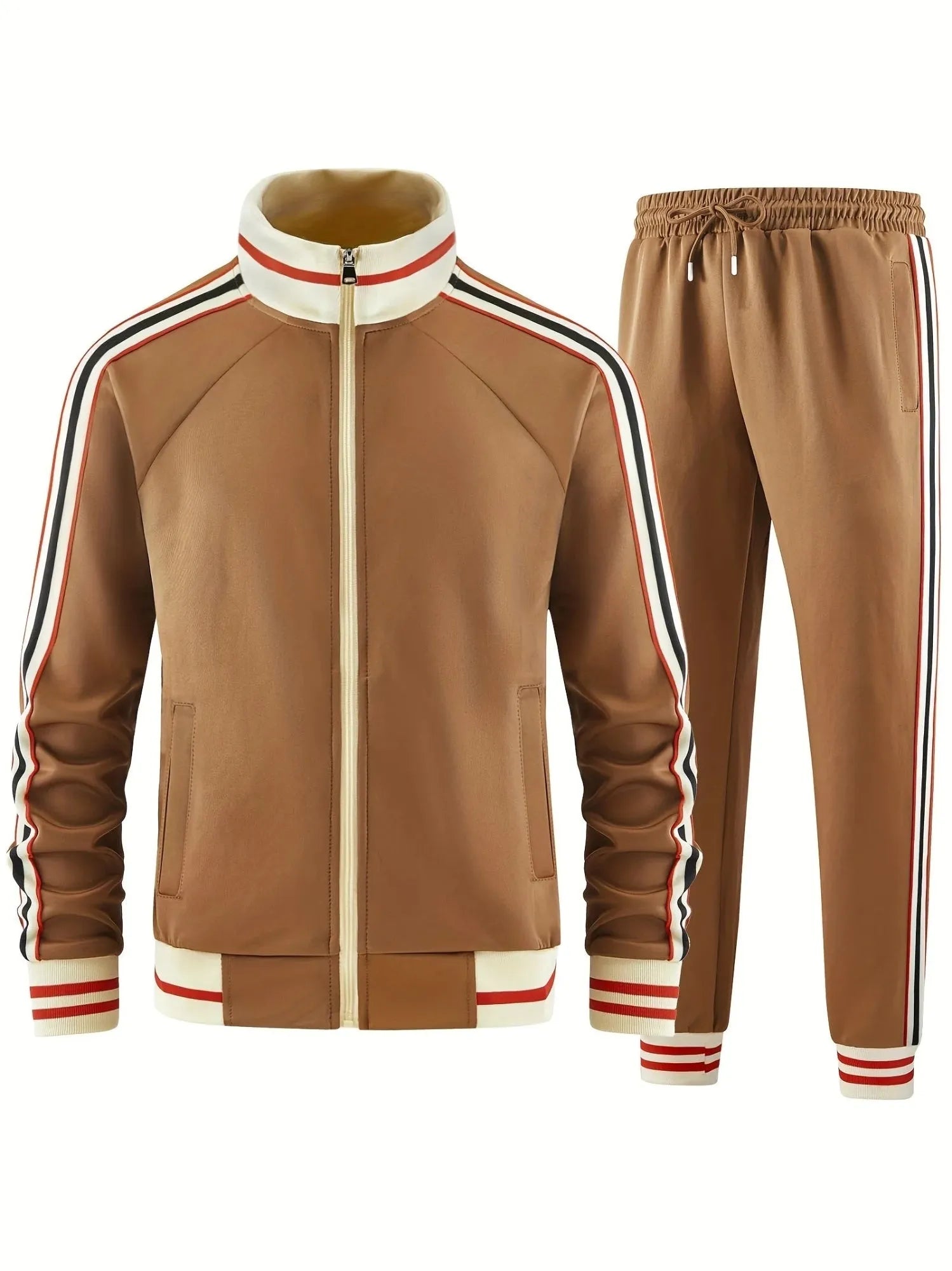 Men's khaki street style turtleneck zipper cardigan and trousers suit for casual wear