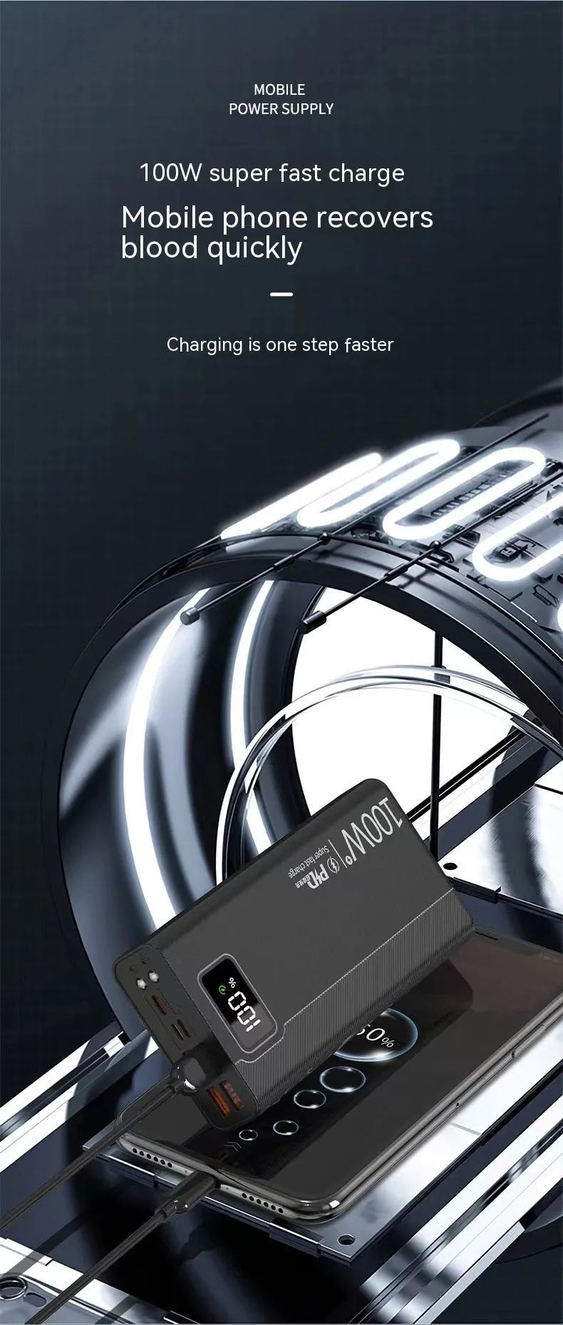 Black and white large capacity power bank with fast charging support