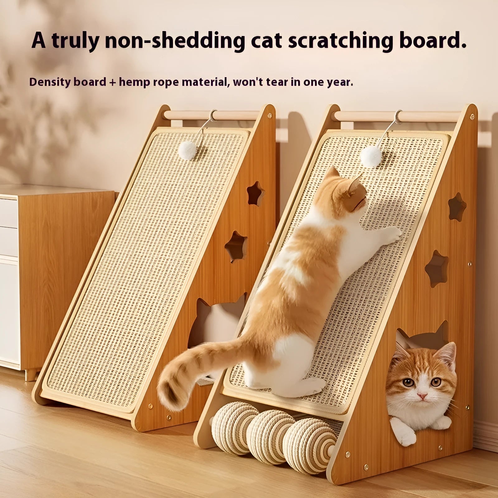Vertical cat scratch board with sisal surface and cat teasing ball hanging from hemp rope