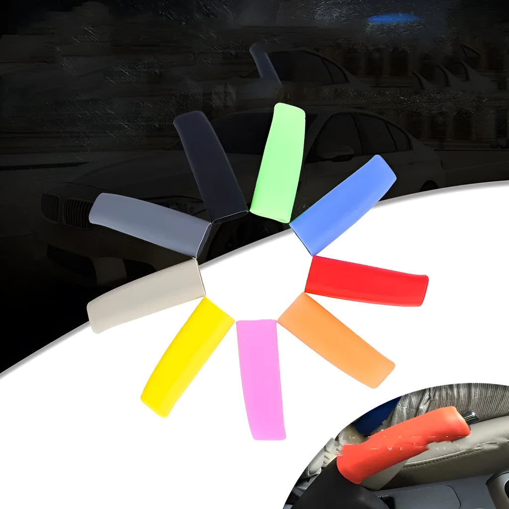 Silicone handbrake sleeve for car in black, grey, beige, red, and blue colours.