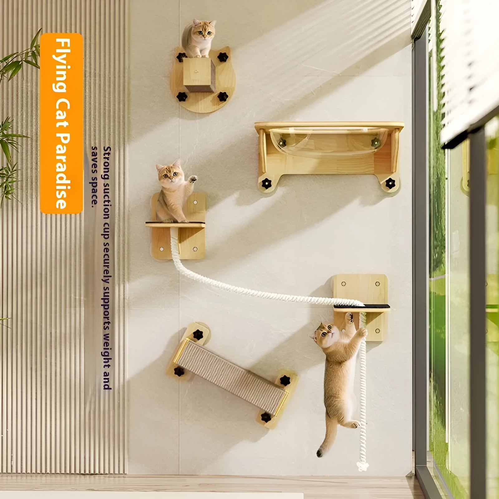 Suspended cat climbing frame with sisal scratching surfaces in space capsule design attached to ceiling
