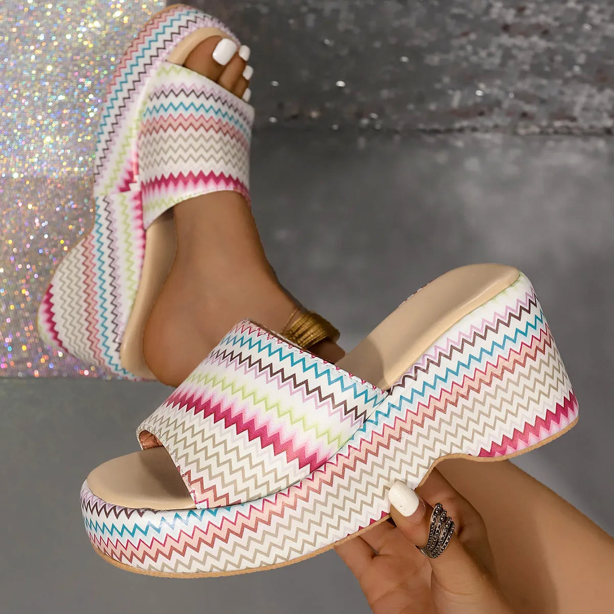 Women's wedge sandals with colourful wave print and fish mouth toe on thick rubber sole