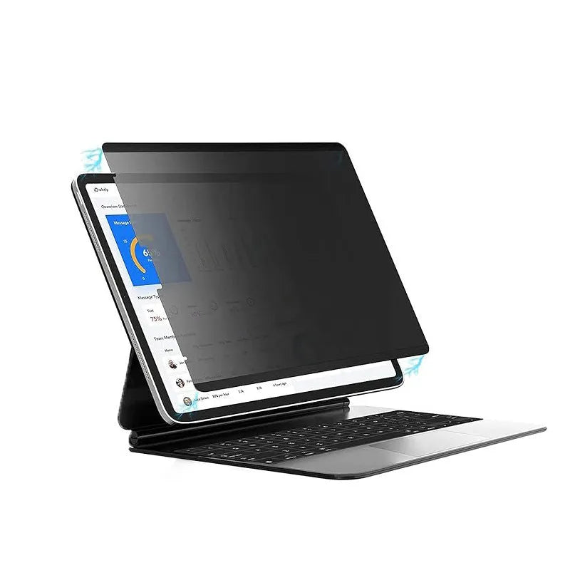 Magnetic suction anti-peeping film for iPad on a table next to an iPad and storage clip.