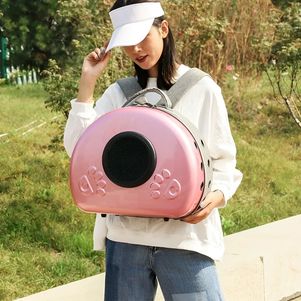 Transparent space capsule style cat carrier backpack in PC canvas with a coloured front shell.