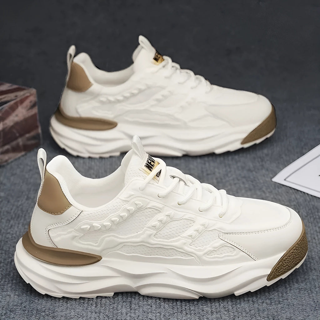 Men's white and black breathable mesh sports shoes with round toe design.