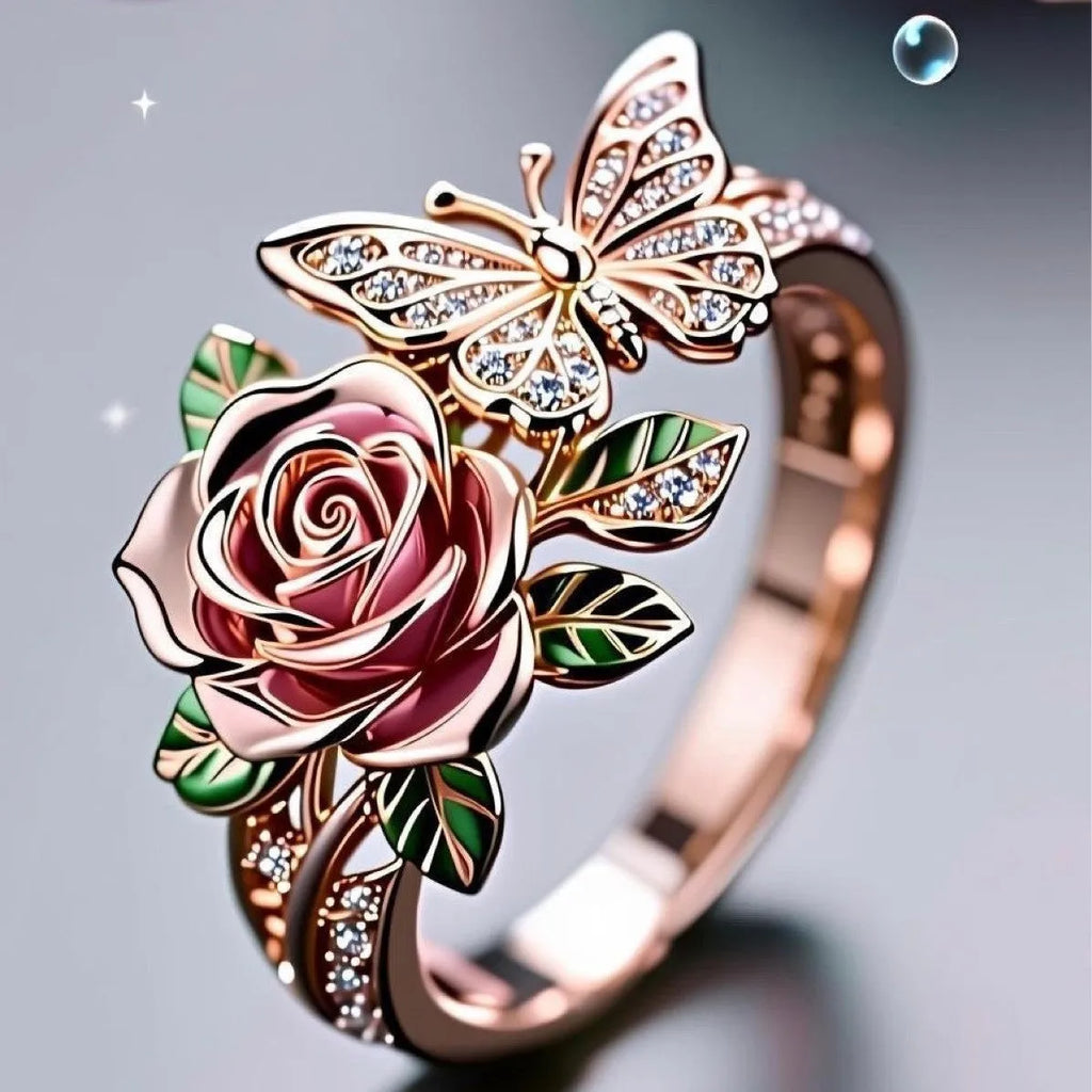 Adjustable butterfly and floral ring with dripping oil colour finish on alloy metal