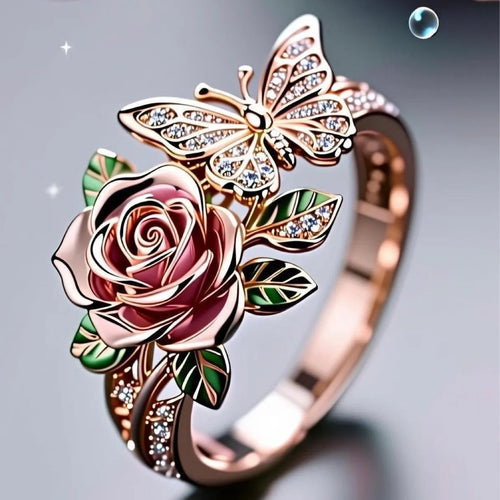 Adjustable butterfly and floral ring with dripping oil colour finish on alloy metal