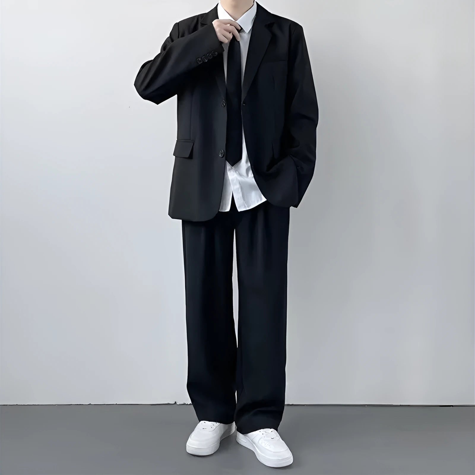 Men's plus size suit jacket set with trousers, white shirt, and tie in college style
