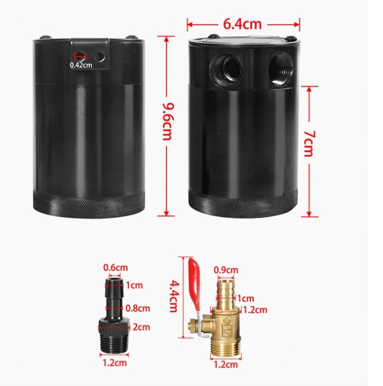 Black automotive aluminium oil pot with two-hole design and optional drain valve for workshop use