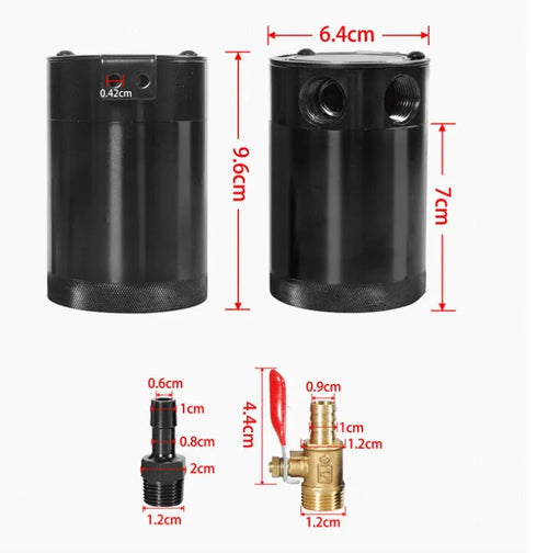 Black automotive aluminium oil pot with two-hole design and optional drain valve for workshop use