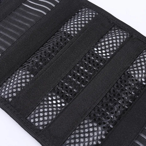 Black sports waist support with steel plate lumbar reinforcement shown with size options for adult athletes