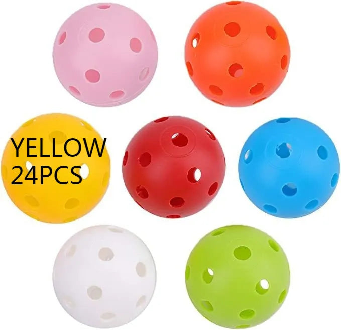 Six multi-colour 42mm golf practice balls including red, orange, blue, green, white, and yellow options