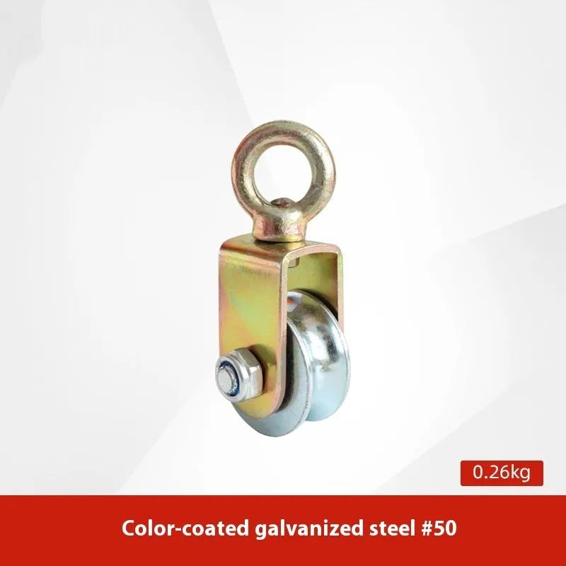 Red forged steel lifting pulley with a ring hook and safety latch for industrial general lifting applications.