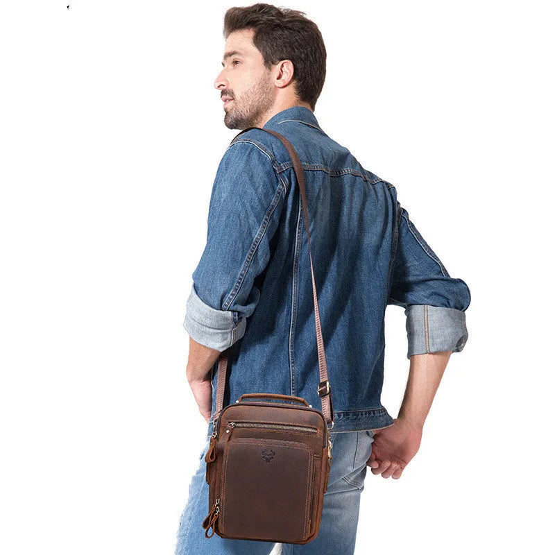 Men's vintage style leather crossbody bag in brown with visible stitching details