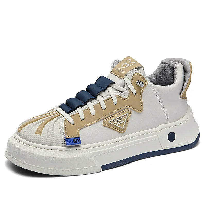 Men's beige low-top casual sneakers with elastic band fastening and leather stitching detail on microfiber upper.