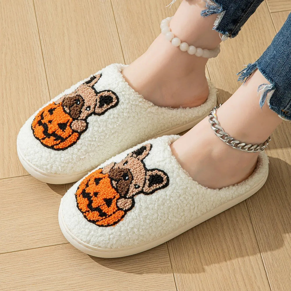 Halloween pumpkin house slippers in black and white colours with plush velvet cotton upper