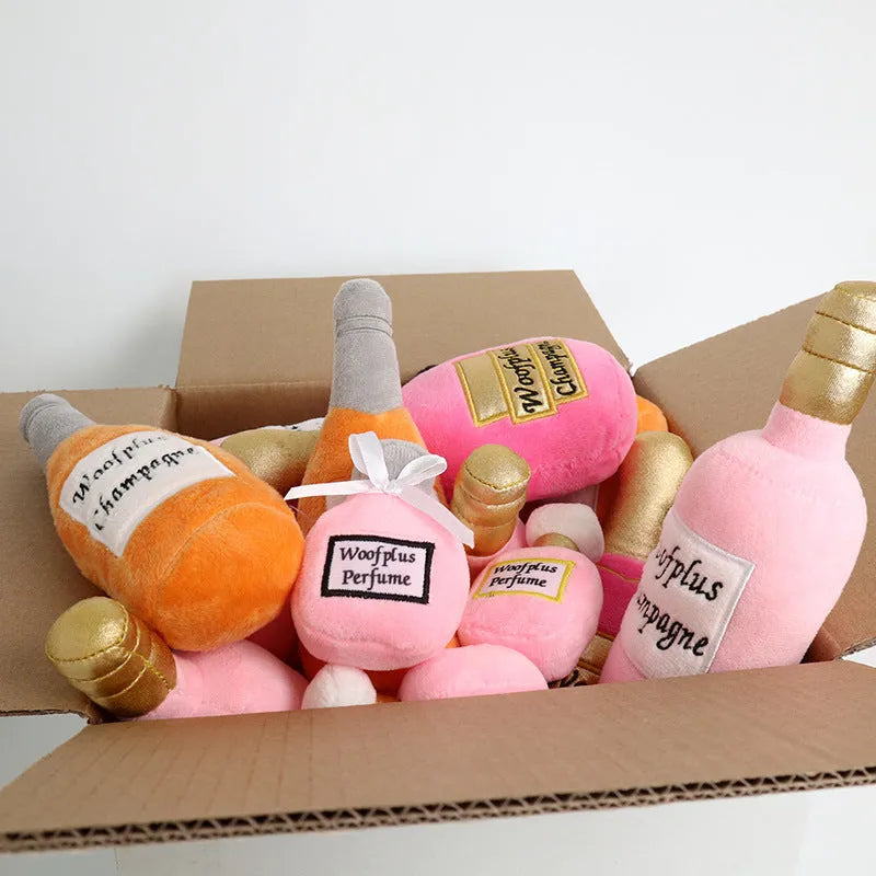 Plush wine bottle shaped dog toy in assorted colours including green, orange, red, black, coffee and white