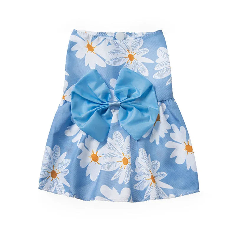 Ultra-thin floral print princess-style dress for a dog or cat, featuring a butterfly pattern and a large knot bow.