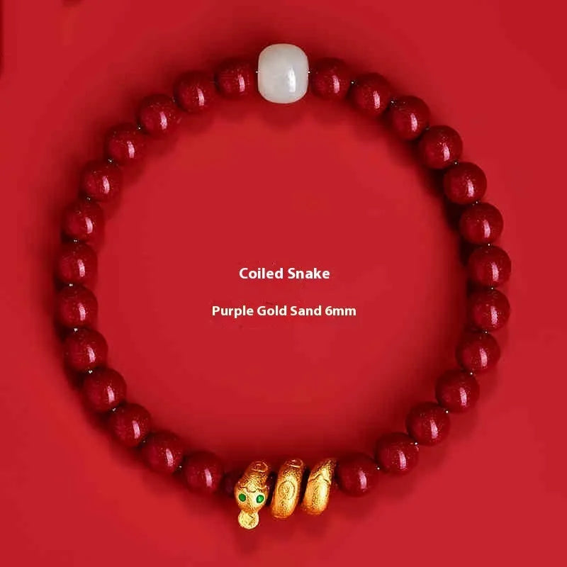 Handmade cinnabar snake zodiac bracelet in traditional Chinese style with purple gold sand beads