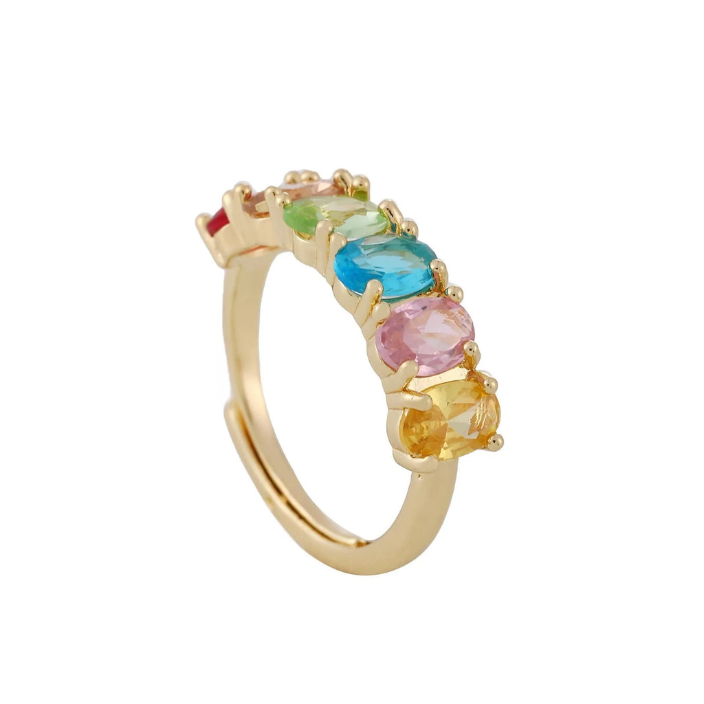 Gold electroplated women's zircon ring with adjustable size on display