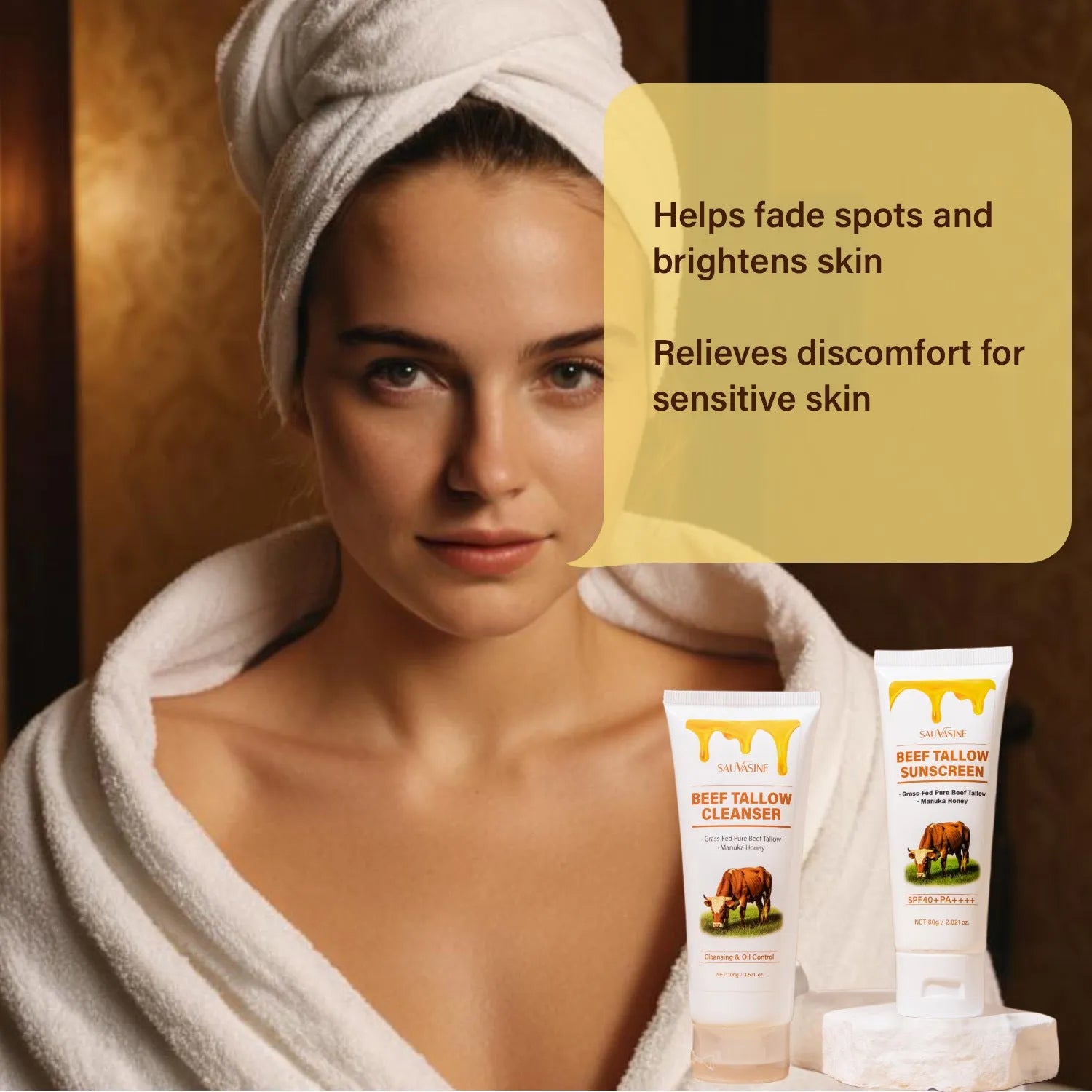 Seven-piece skincare set showing facial cleanser, face cream, lipstick, protective cream, body lotion, facial scrub and beef tallow soap