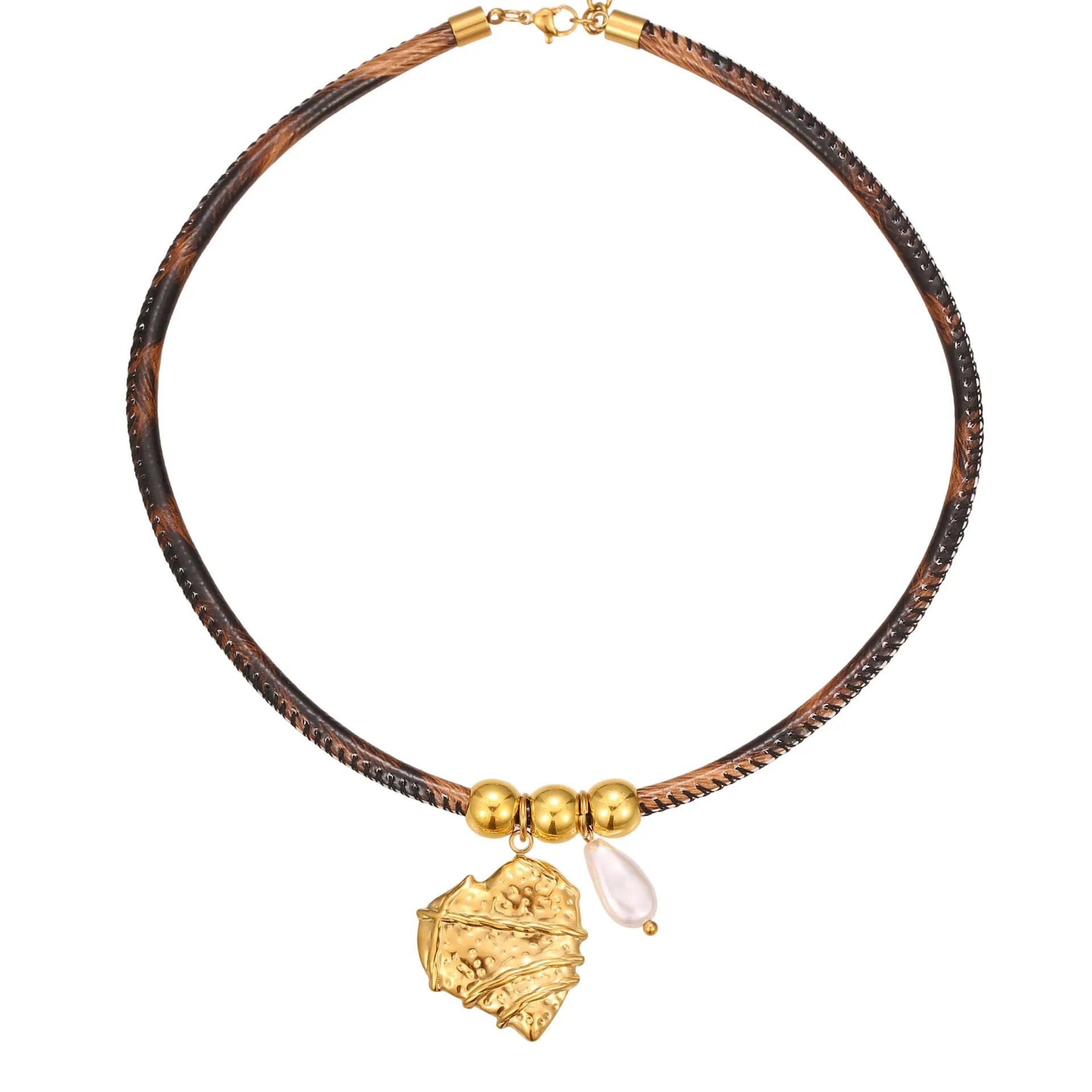Geometric leopard print pendant on a stainless steel necklace chain with gold electroplated finish.