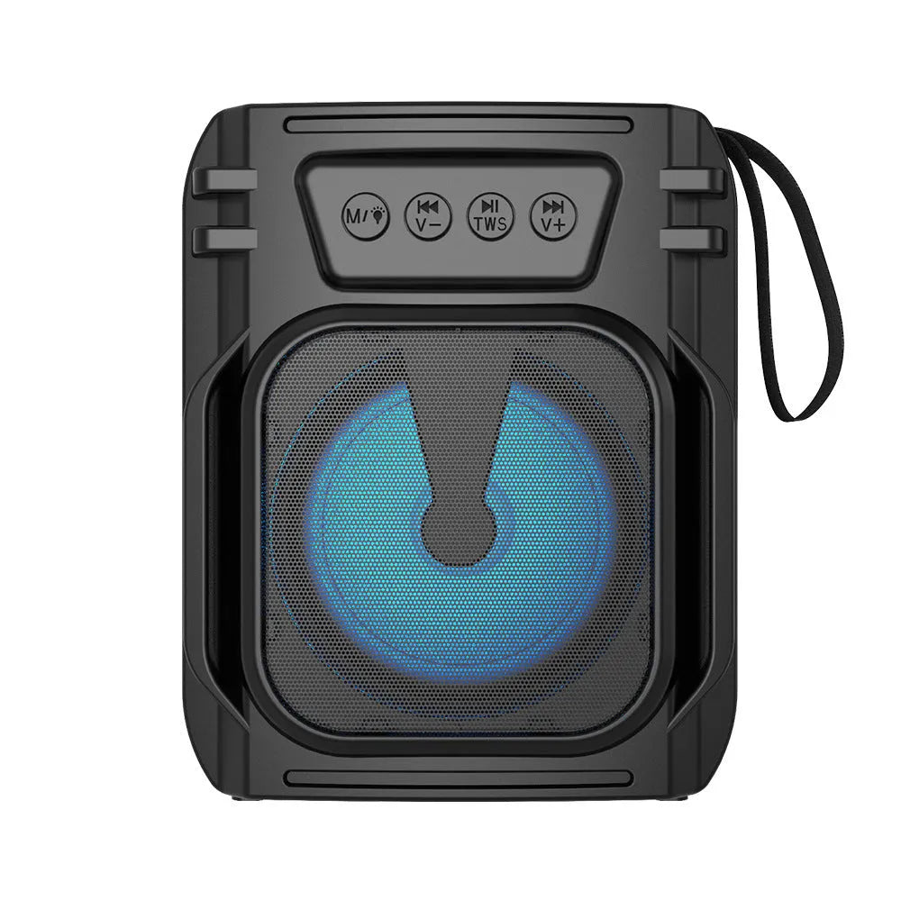 Portable mini Bluetooth speaker with USB charging cable, shown in assorted colour