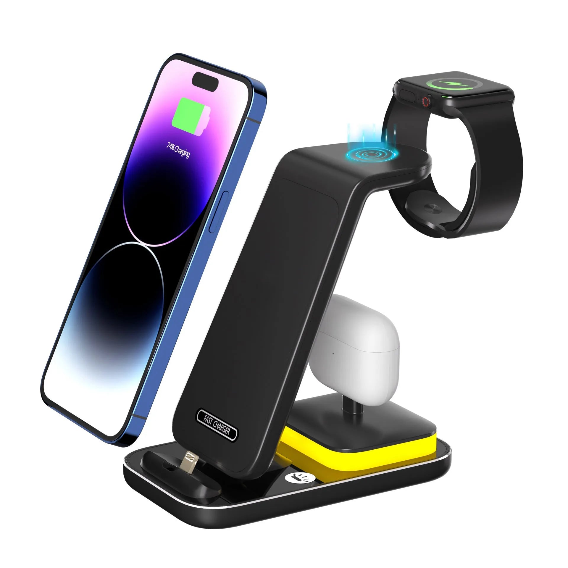Black vertical wireless charging station with phone, Apple Watch and AirPods charging simultaneously