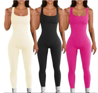 Women's beige suspender tank top tights with button detailing and long sleeves made from spandex fabric.
