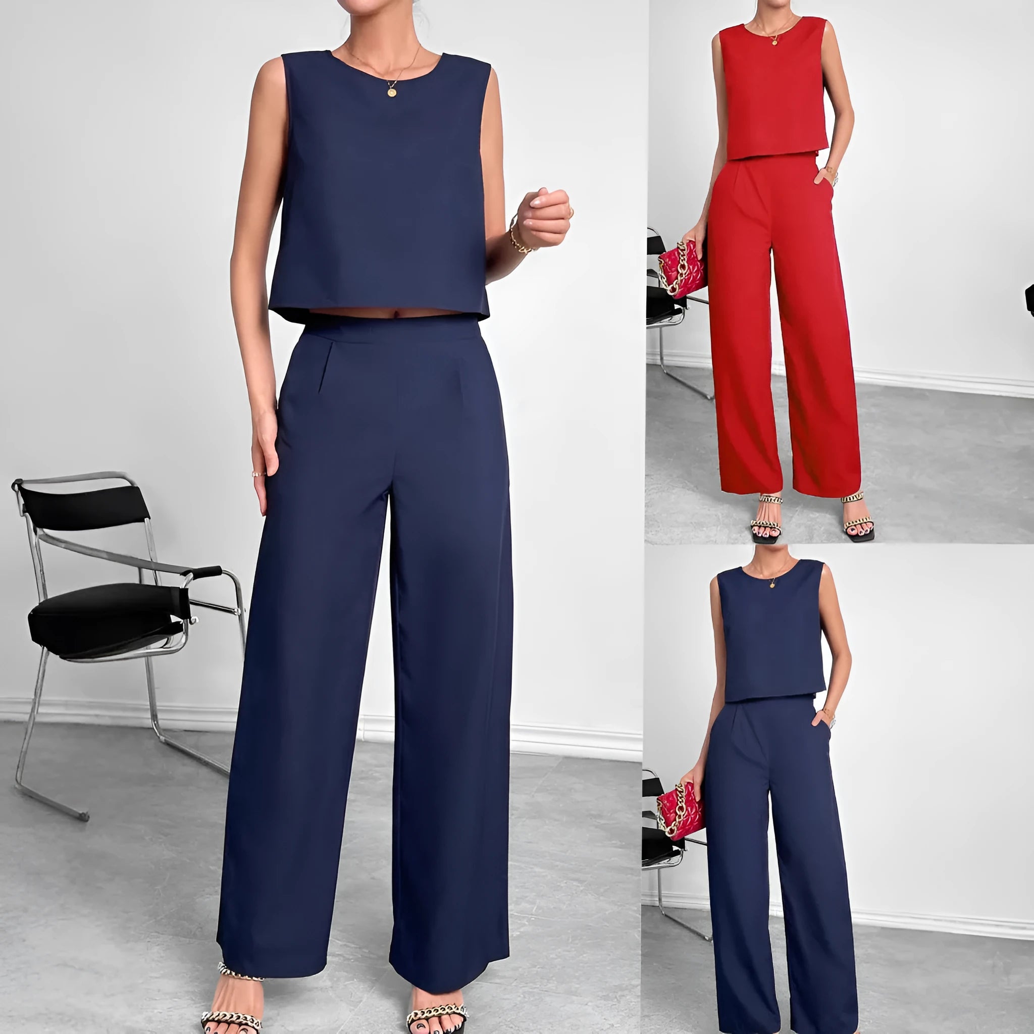 Women's red polyester two-piece set showing sleeveless round neck top with wide leg pants