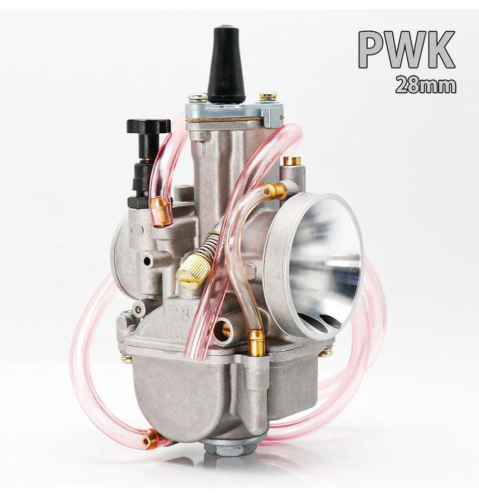 Motorcycle carburettor modification kit with sandblasted finish, showing size options from 21mm to 34mm bore.