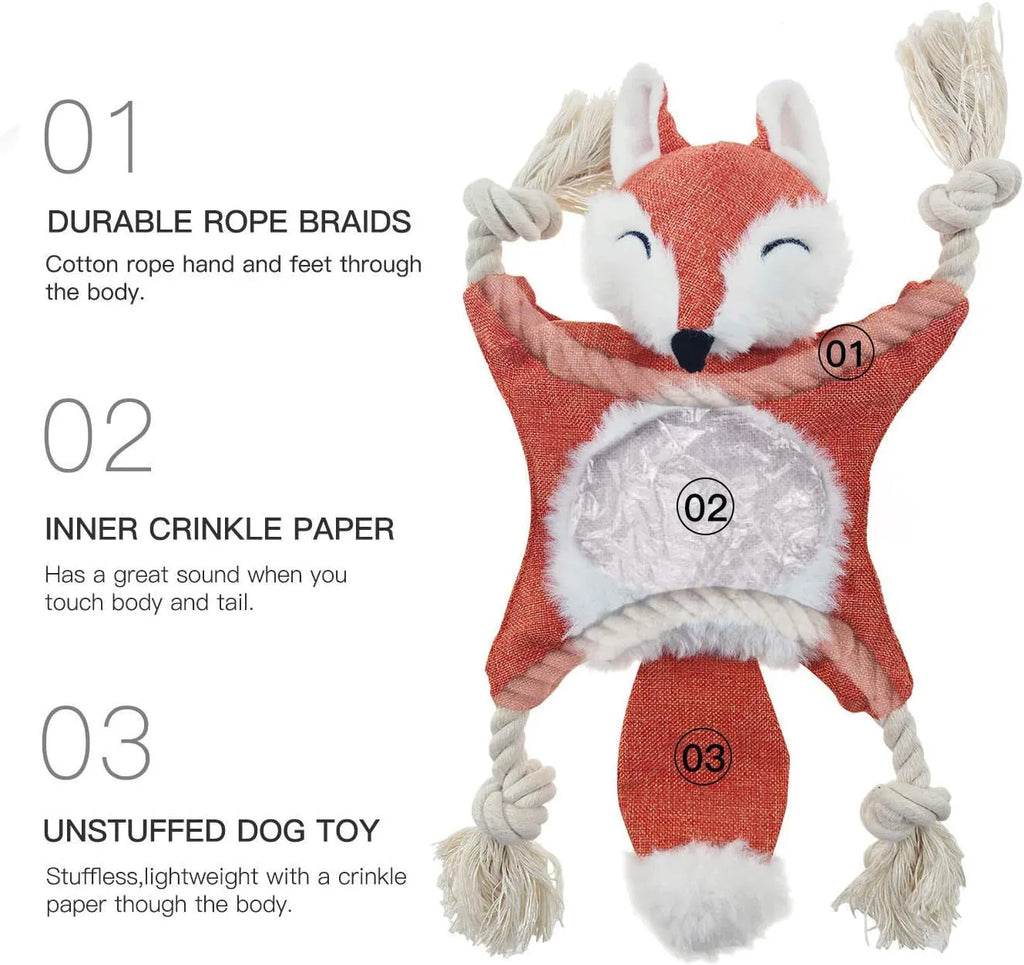 Brown fox plush dog toy with rope arms and legs, embroidered eyes, and a squeaker.