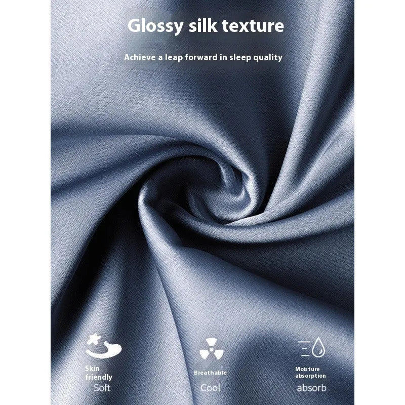 Men's ice silk three-piece homewear set in multiple colours showing top, shorts, and trousers for lounge wear
