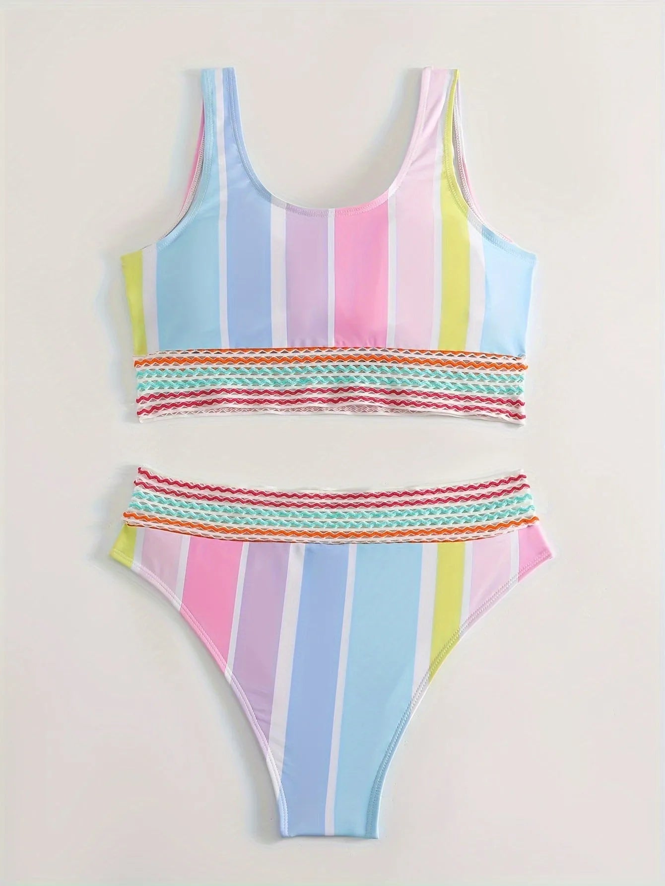 Women's striped sport bikini set with briefs style bottoms and coordinating top