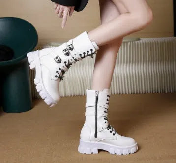 Women's black mid-calf knight boots with metal buckle and side zipper detail