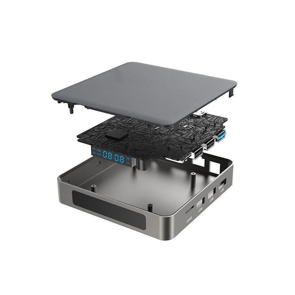 Android TV set-top box with remote control, HDMI cable, and power supply on a white background