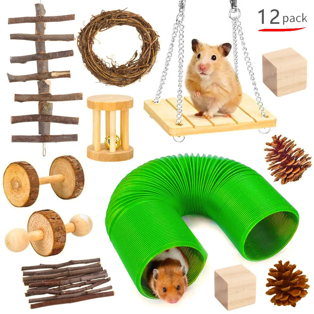 Wooden pet toy set with chewable pieces for rabbits, guinea pigs and parrots