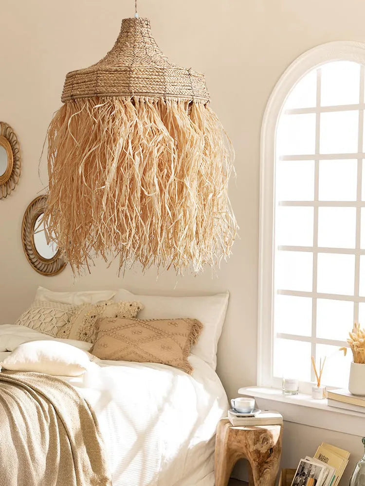 Southeast Asian style pendant light with a 50cm woven rattan and willow shade